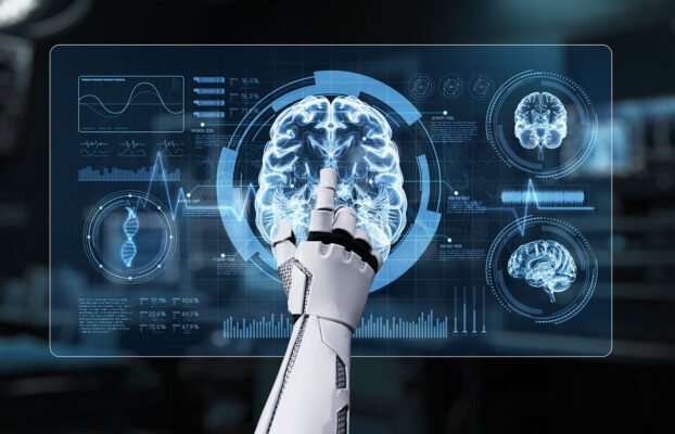 Close up of robot hand pointing and clicking at brain holographic Salubrious